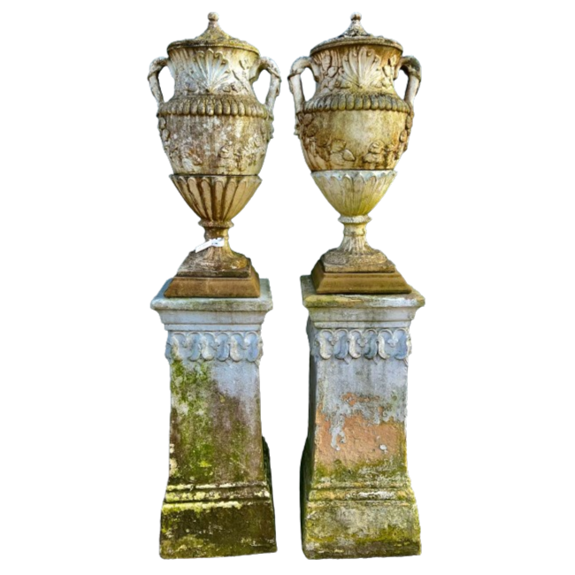 Victorian Pair of Stone Urns on Stone Plinths