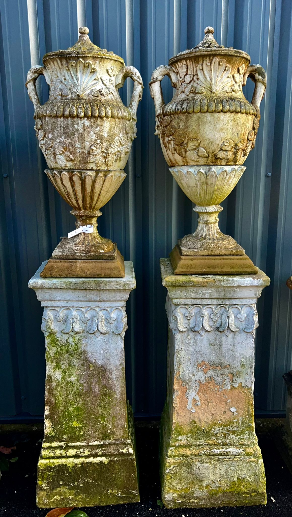 Victorian Pair of Stone Urns on Stone Plinths