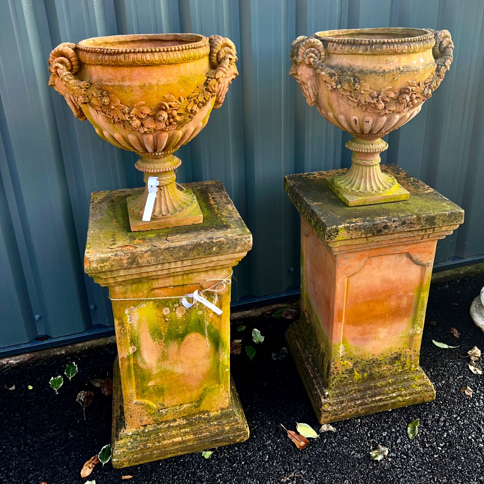 Terracotta Victorian Decorative Urns Pair on Terracotta Plinths Pair (46 Inch Tall)