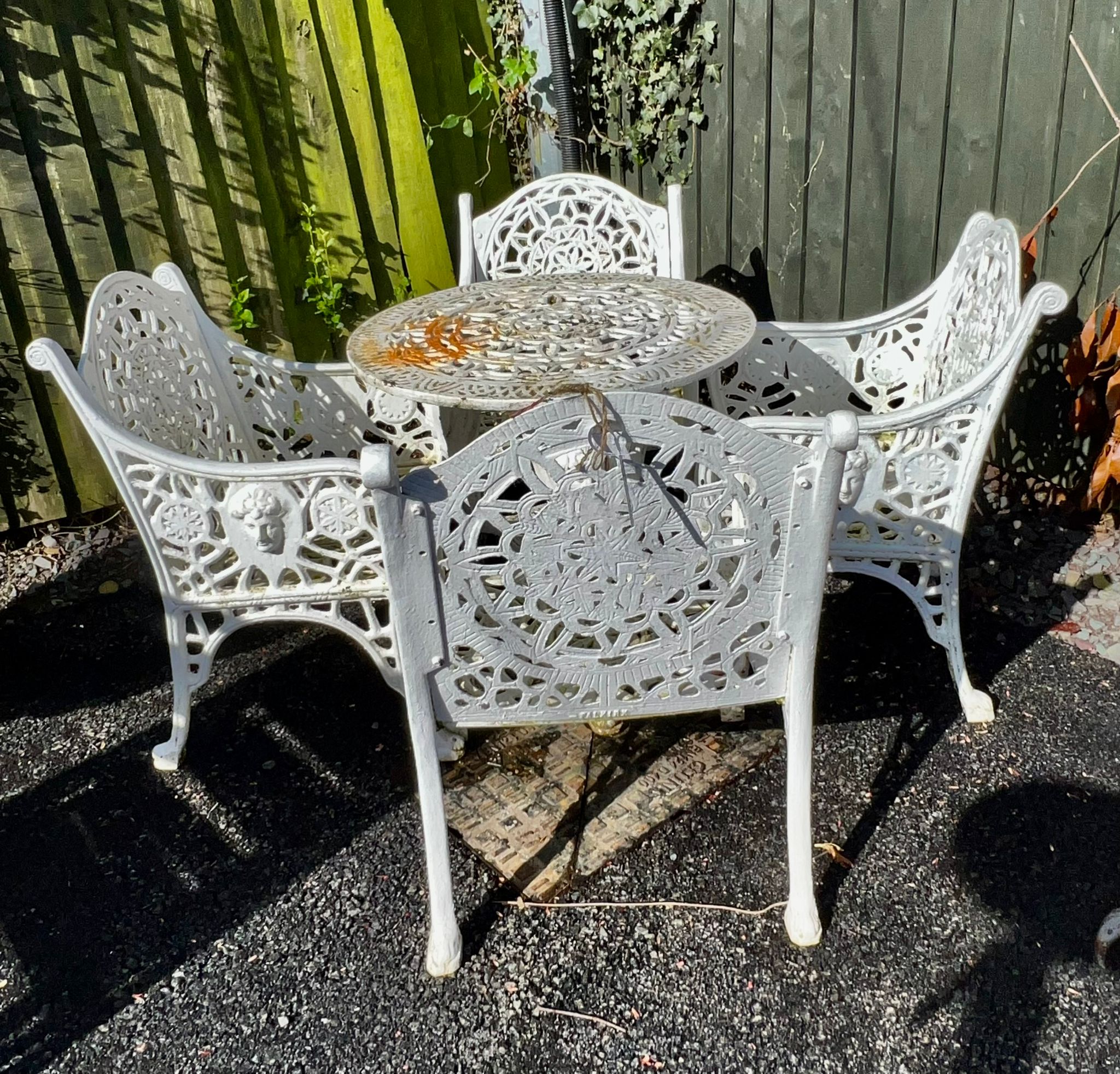 White Cast Iron Victorian Garden Table and Chair Set by Falkirk