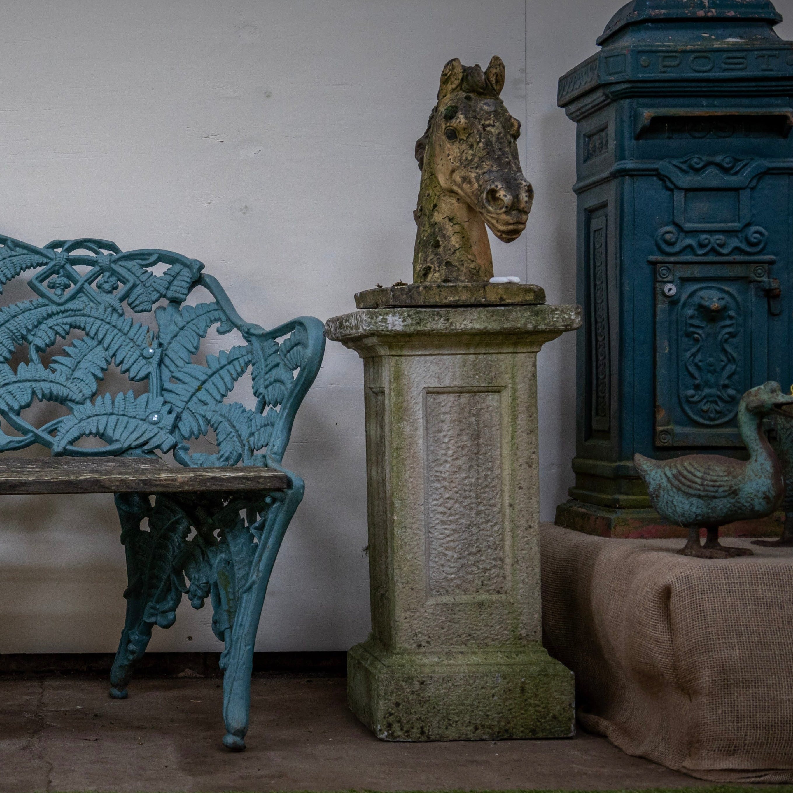 Old Stone Horse Heads on Stone Plinths (3ft 7) - Pair