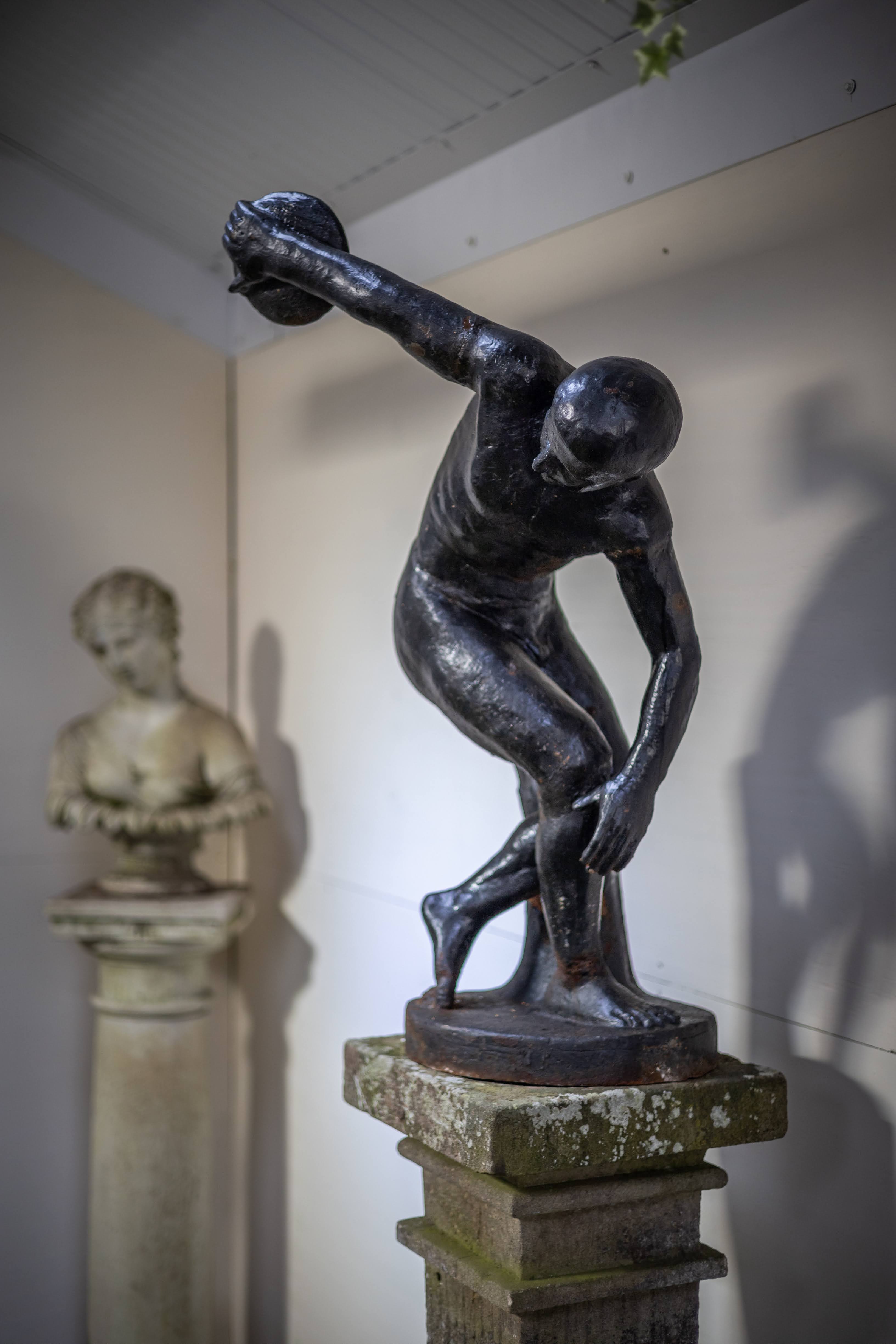 Discobolus Myron Heavy Cast Iron Statue on Old Stone Plinth (7ft Tall)