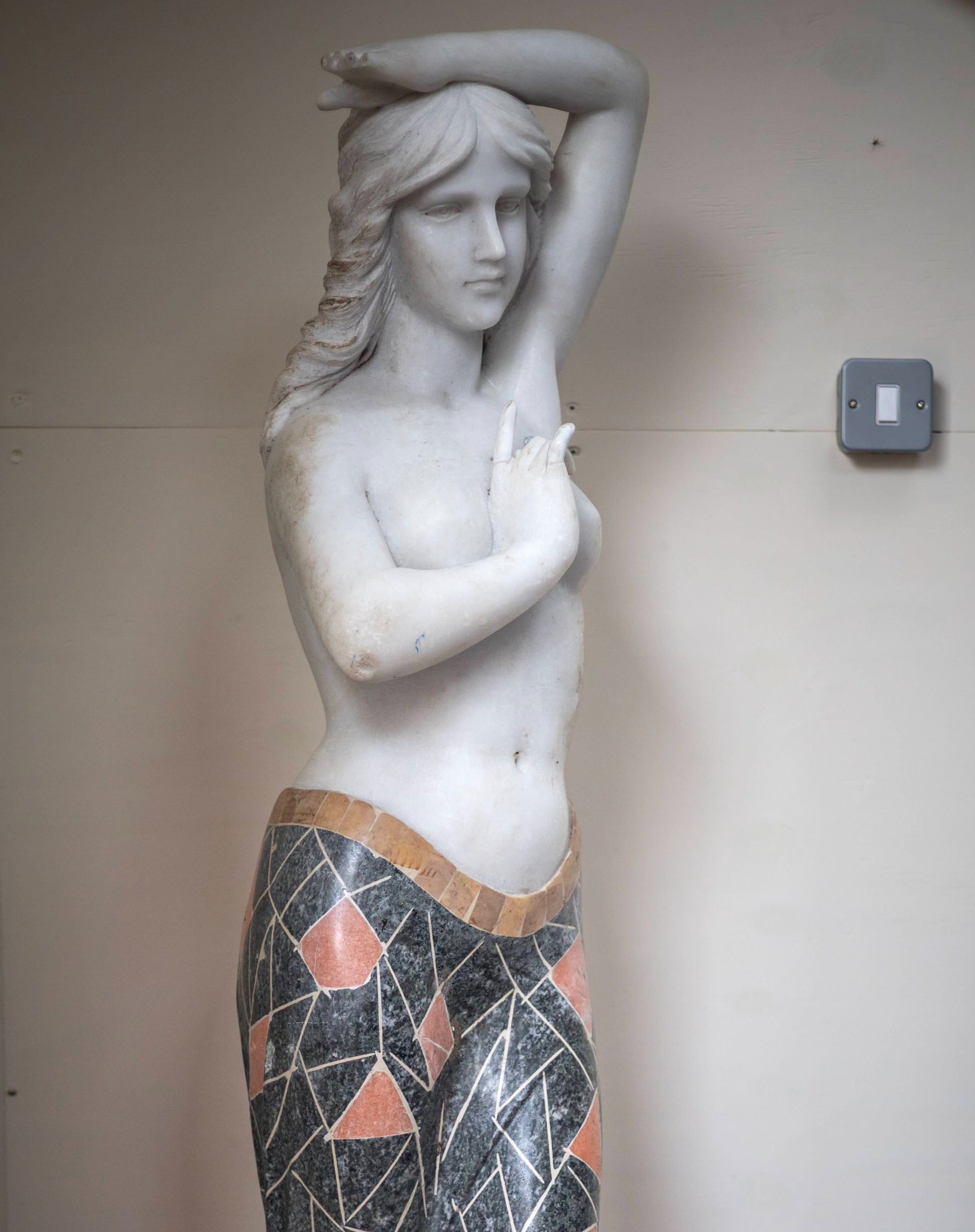 Heavy Solid Marble Lady Statue with Unique Mosaic Marble Dress (Late 20th Century, 5ft 4)