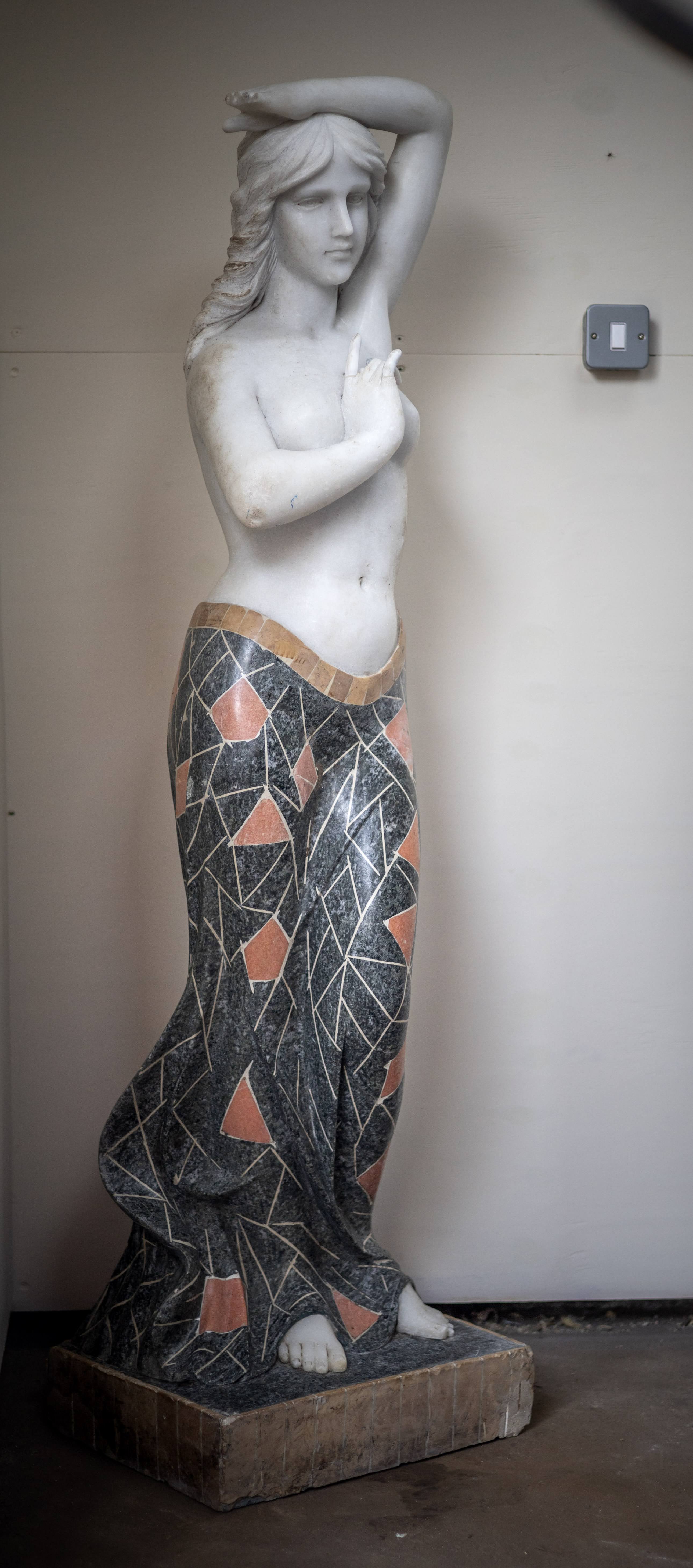 Heavy Solid Marble Lady Statue with Unique Mosaic Marble Dress (Late 20th Century, 5ft 4)