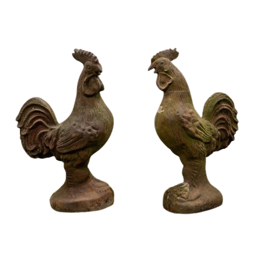 Victorian Cast Iron Cockerels (2 ft tall, 14 inches wide, pair)