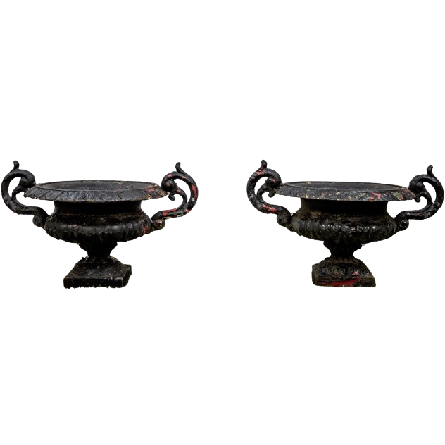 Pair of Small Black Victorian Decorative Urns