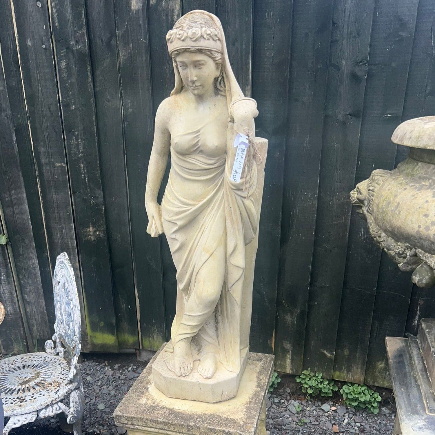 Stone Lady Statue on Plinth - 5 ft 4 Inches Tall