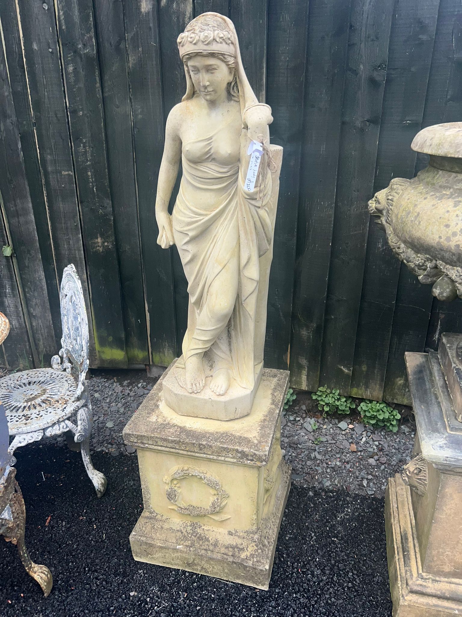 Stone Lady Statue on Plinth - 5 ft 4 Inches Tall