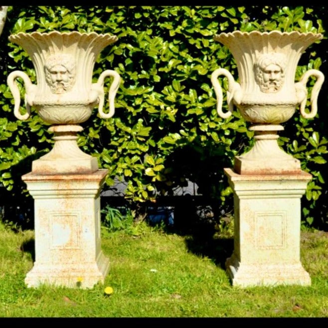 White Cast Iron Urns on Plinths - 5 ft 4 Tall, 23 inches Wide