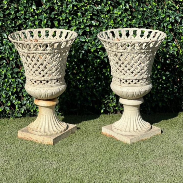 Pair of White Victorian Cast Iron Urns with Hole Detailing