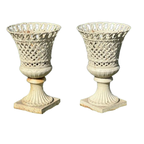 Pair of White Victorian Cast Iron Urns with Hole Detailing