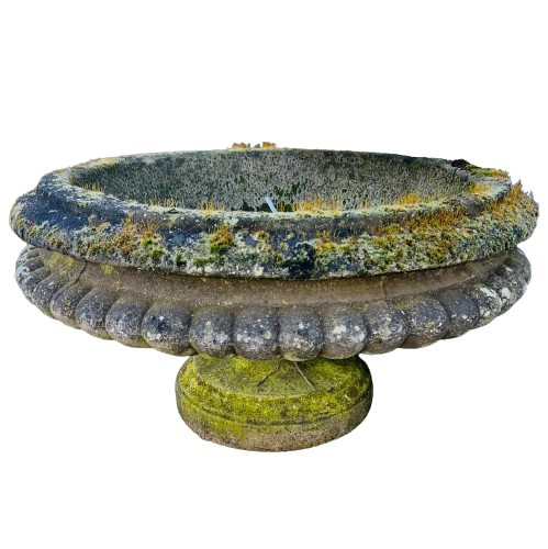 Weathered Hadden Stone Urn - 30 Inches Wide, 18 Inches Tall