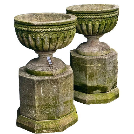 Pair of Large Stone Urns on Plinths - 39 Inches Tall, 22 Inches Wide