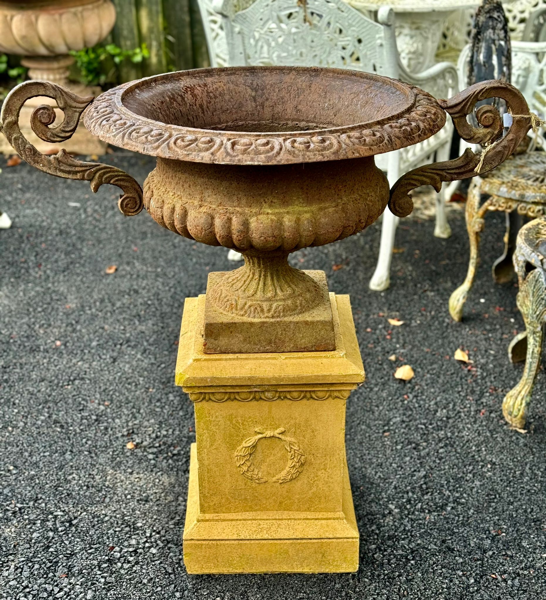 Pair of Victorian Cast Iron Trophy Urns on Stone Plinths - 3 ft Tall, 3 ft Wide