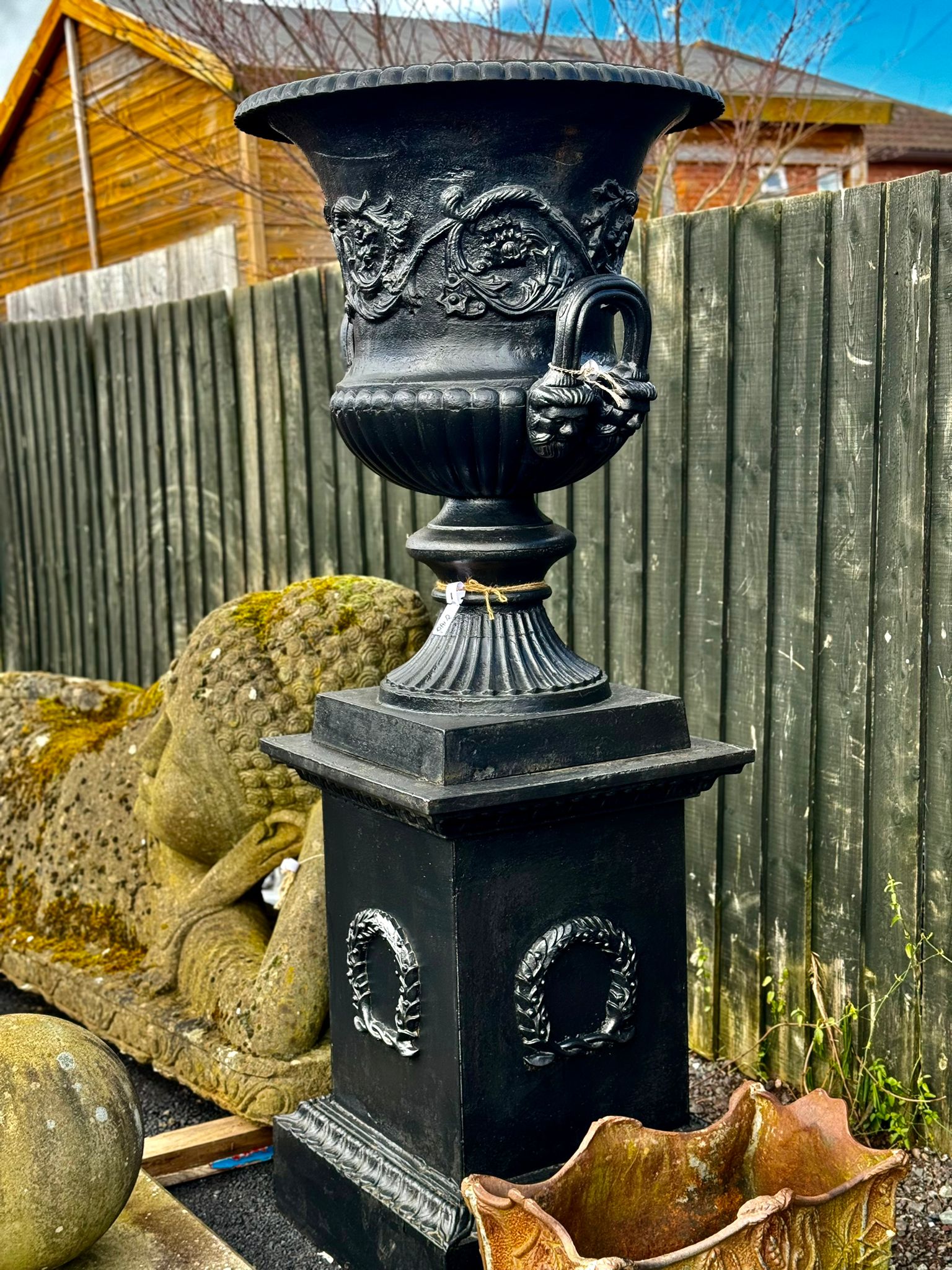 Pair of Antique Cast Iron Urns on Plinths - 6 ft Tall, 3 ft Wide