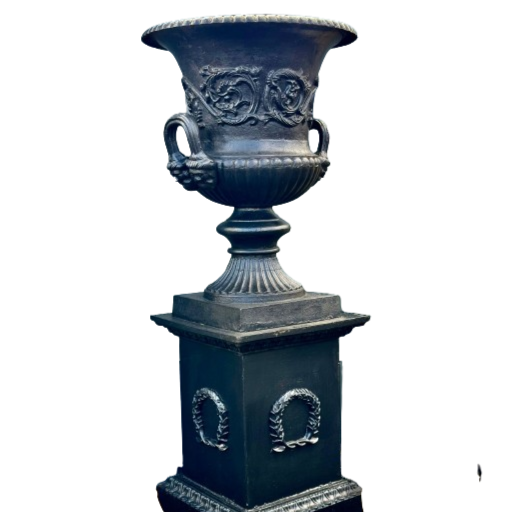 Pair of Antique Cast Iron Urns on Plinths - 6 ft Tall, 3 ft Wide