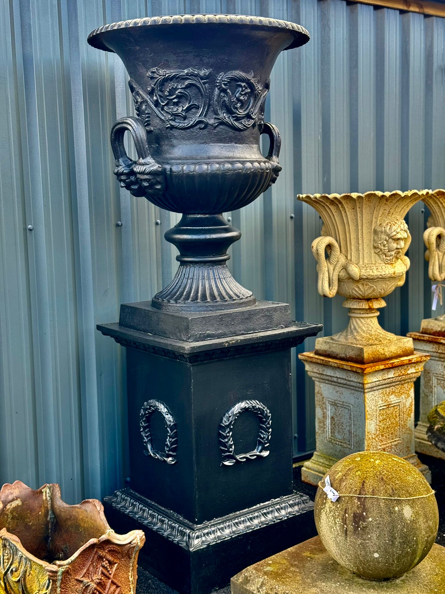 Pair of Antique Cast Iron Urns on Plinths - 6 ft Tall, 3 ft Wide