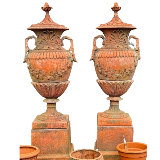 6 ft Tall Victorian Terracotta Urns on Plinths with Lid Top