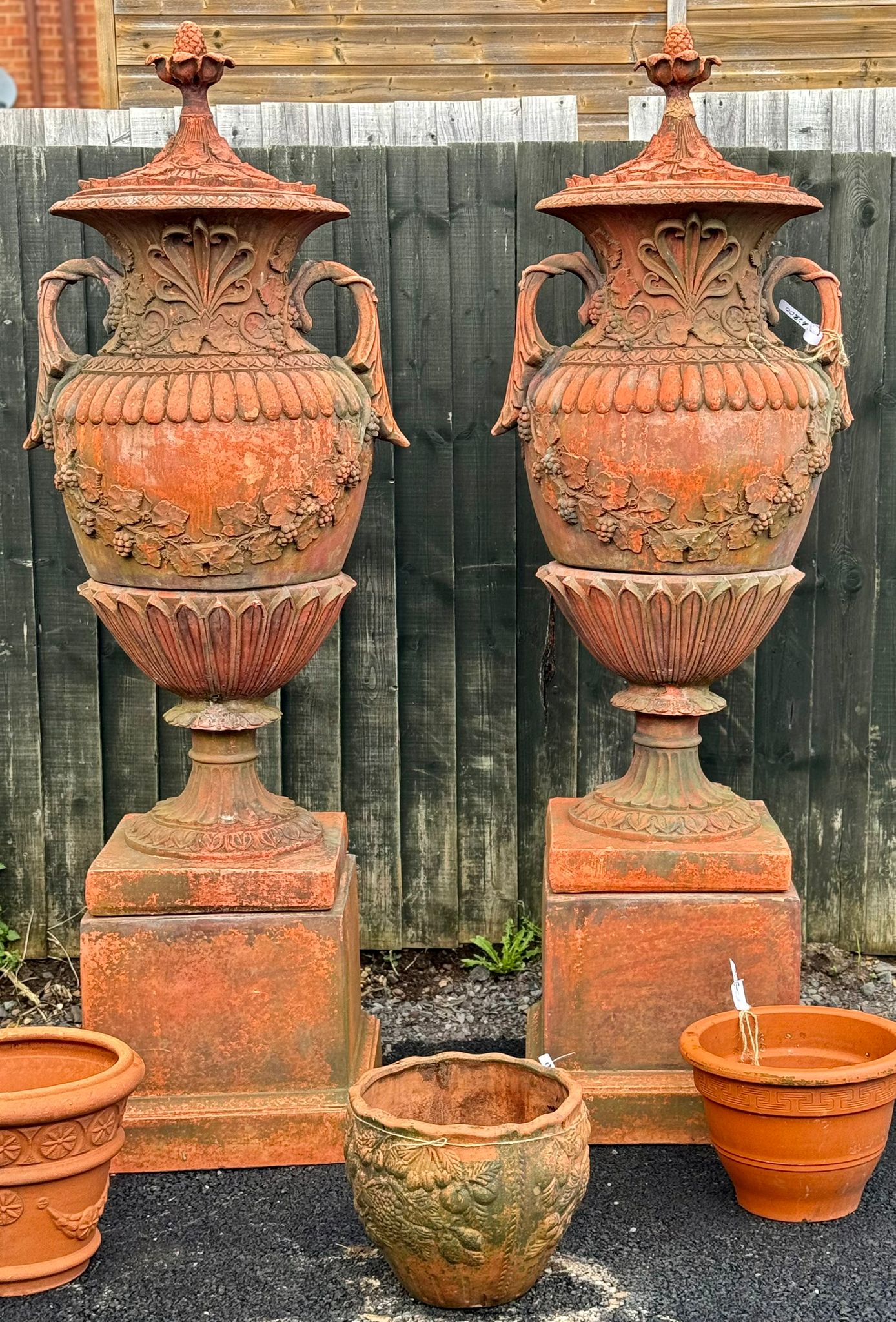 6 ft Tall Victorian Terracotta Urns on Plinths with Lid Top