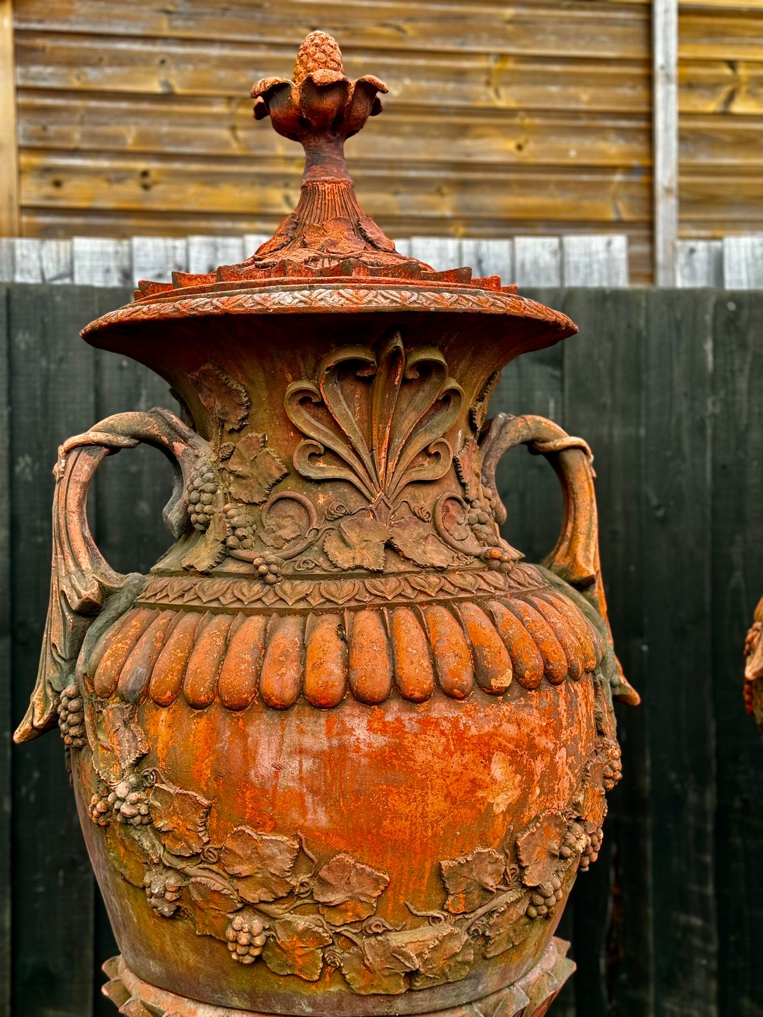 6 ft Tall Victorian Terracotta Urns on Plinths with Lid Top