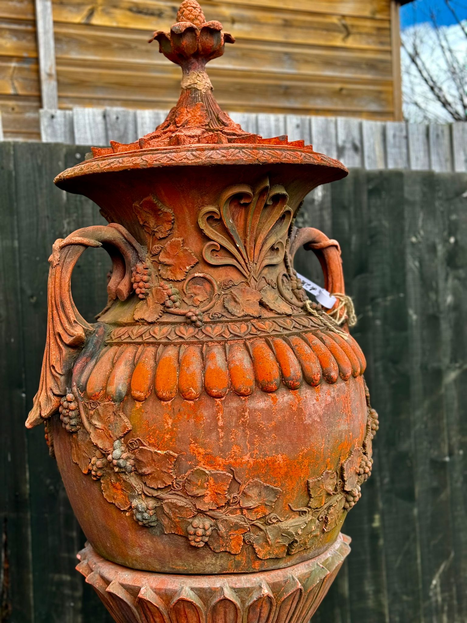 6 ft Tall Victorian Terracotta Urns on Plinths with Lid Top