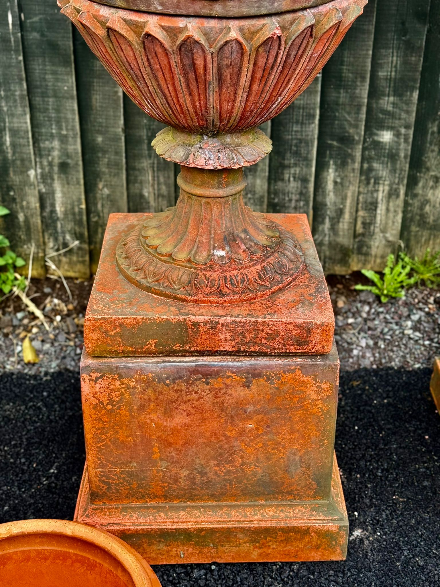 6 ft Tall Victorian Terracotta Urns on Plinths with Lid Top