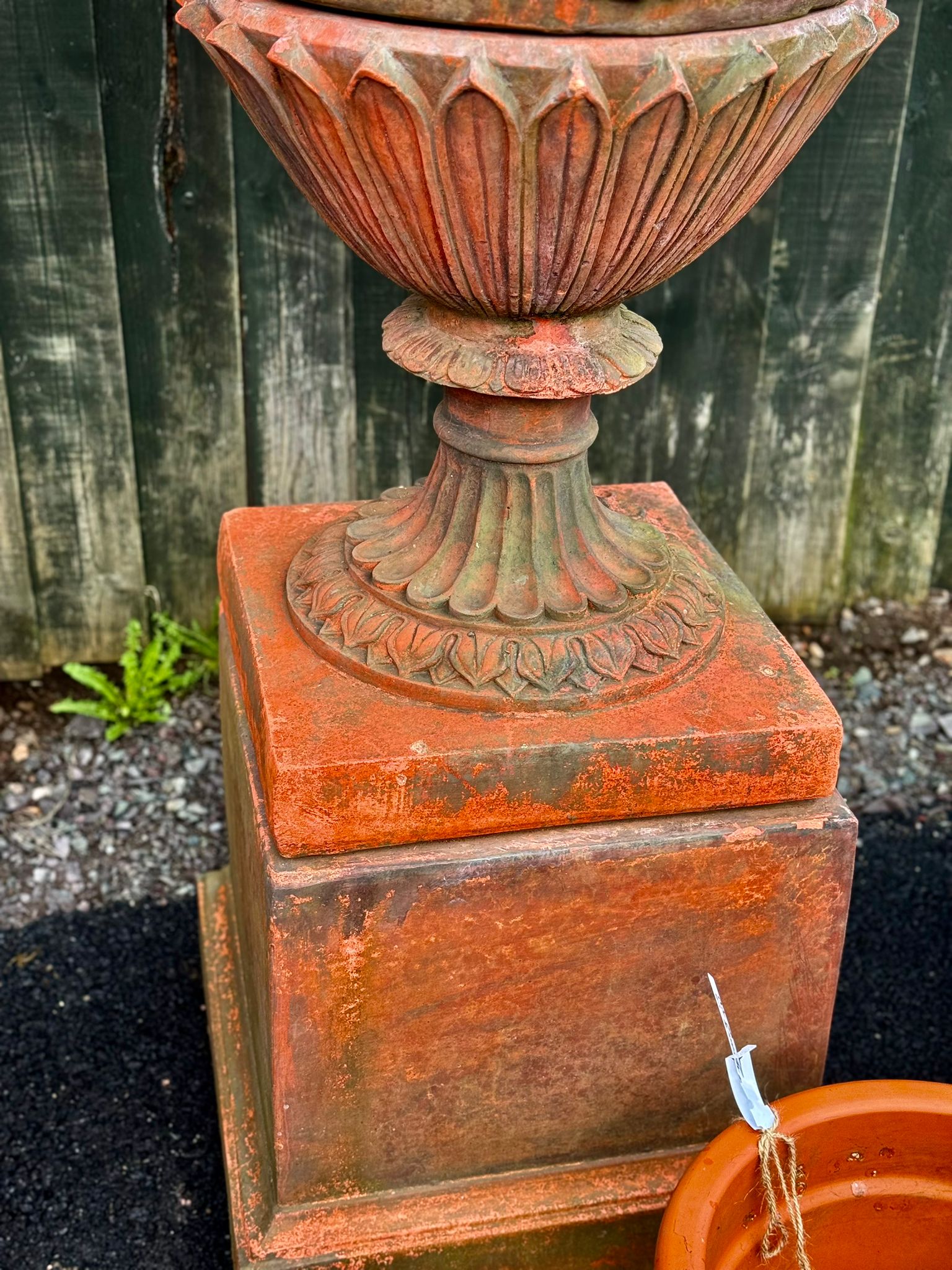 6 ft Tall Victorian Terracotta Urns on Plinths with Lid Top