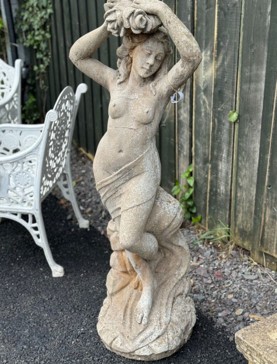 Reconstituted Stone Lady Holding Roses - 5 ft 4