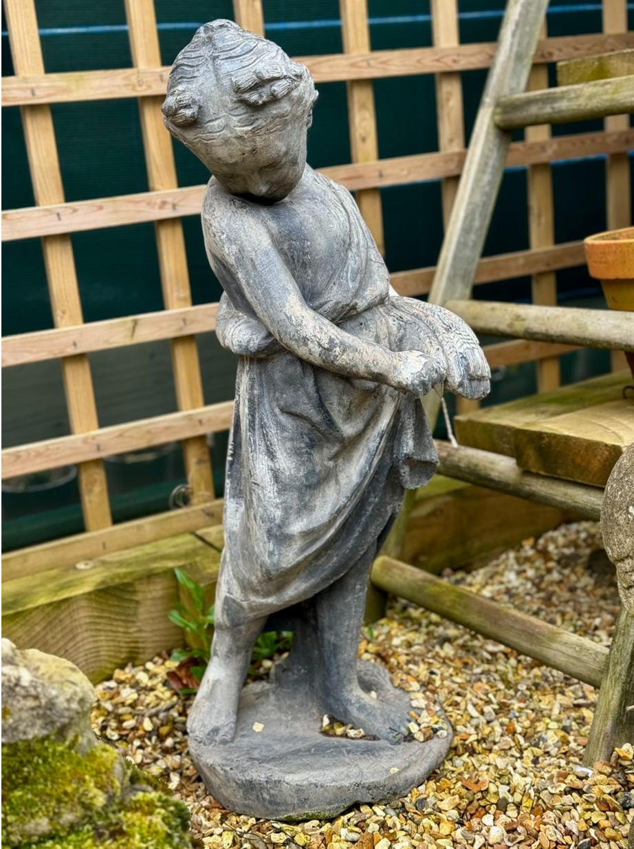 Lead Girl Holding Wheat Sculpture