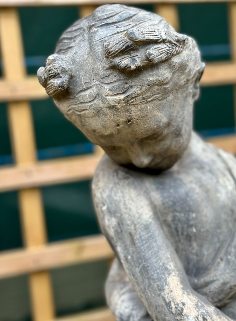 Lead Girl Holding Wheat Sculpture