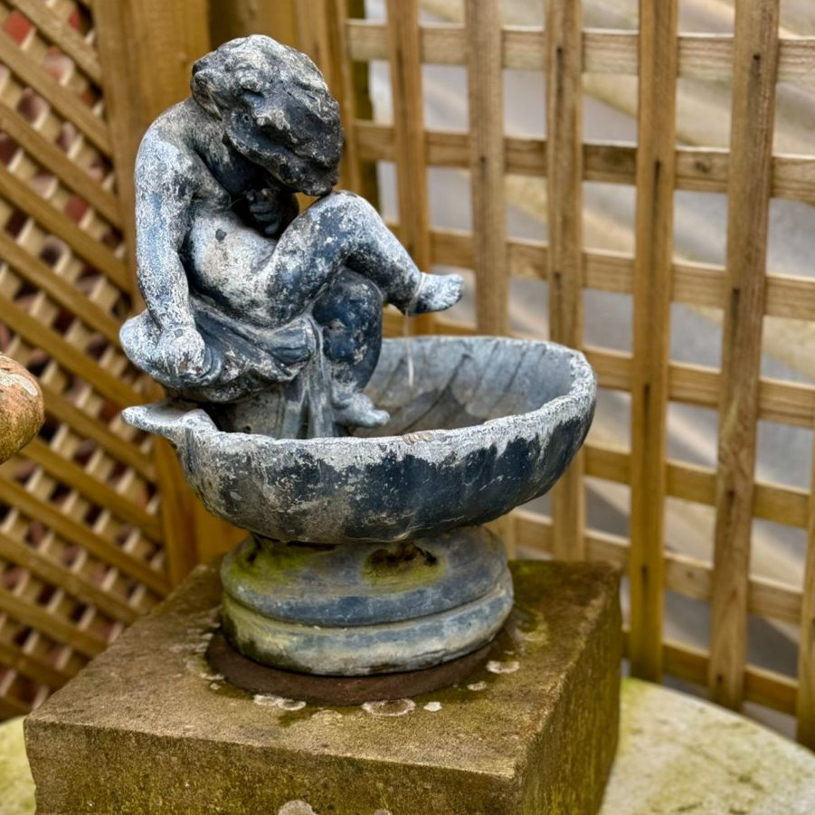 Lead Bird Bath with Shy Girl Sculpture