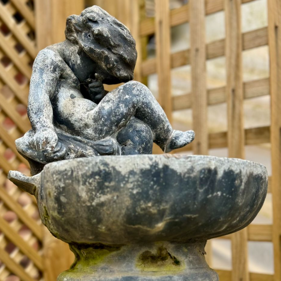 Lead Bird Bath with Shy Girl Sculpture