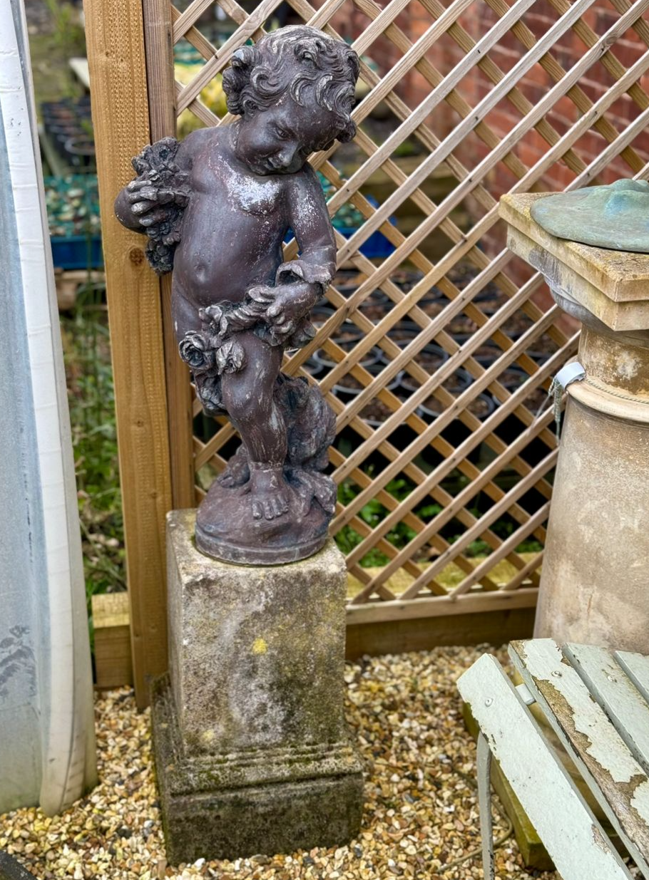 Lead Cherub on Plinth - 4ft Tall