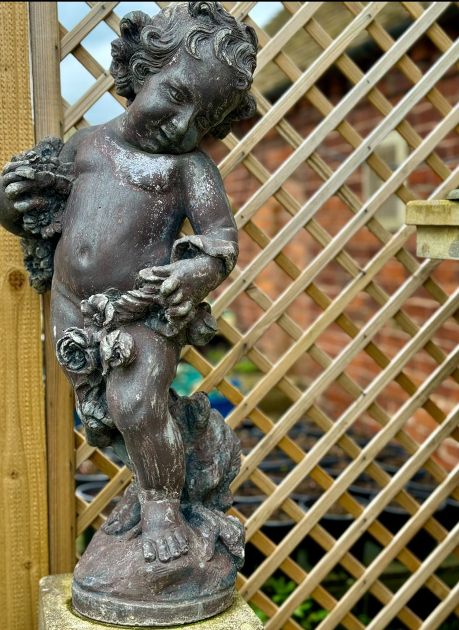 Lead Cherub on Plinth - 4ft Tall