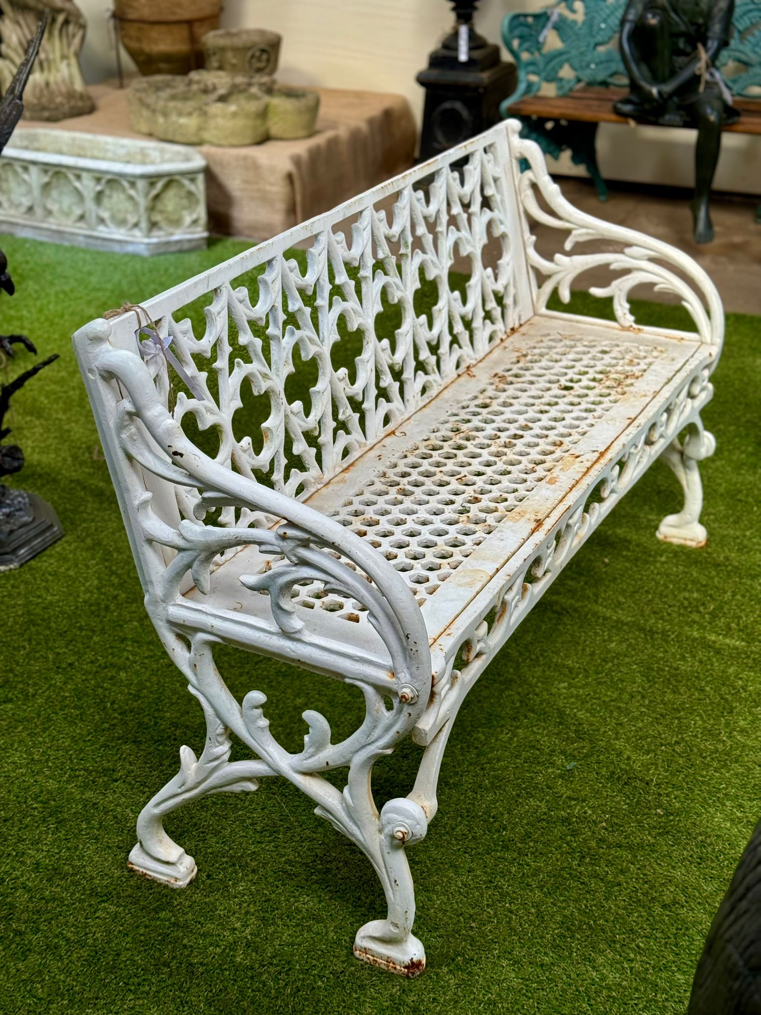 White Gothic Style Very Heavy Cast Iron Bench