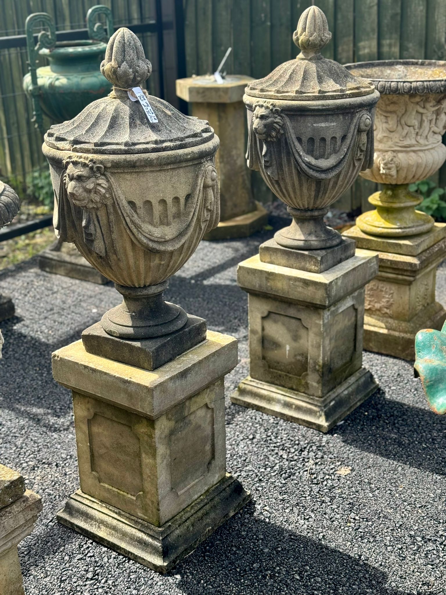 Stone Urns with Lions Faces and Lid - 53 inches Tall, 20 inches Wide