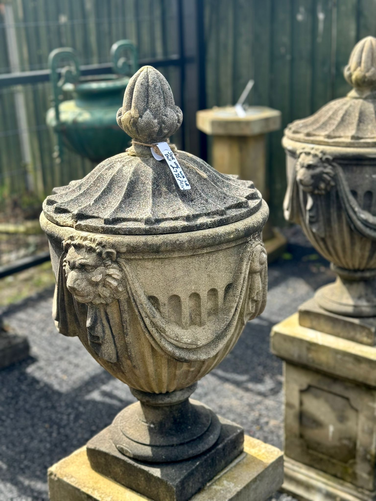 Stone Urns with Lions Faces and Lid - 53 inches Tall, 20 inches Wide