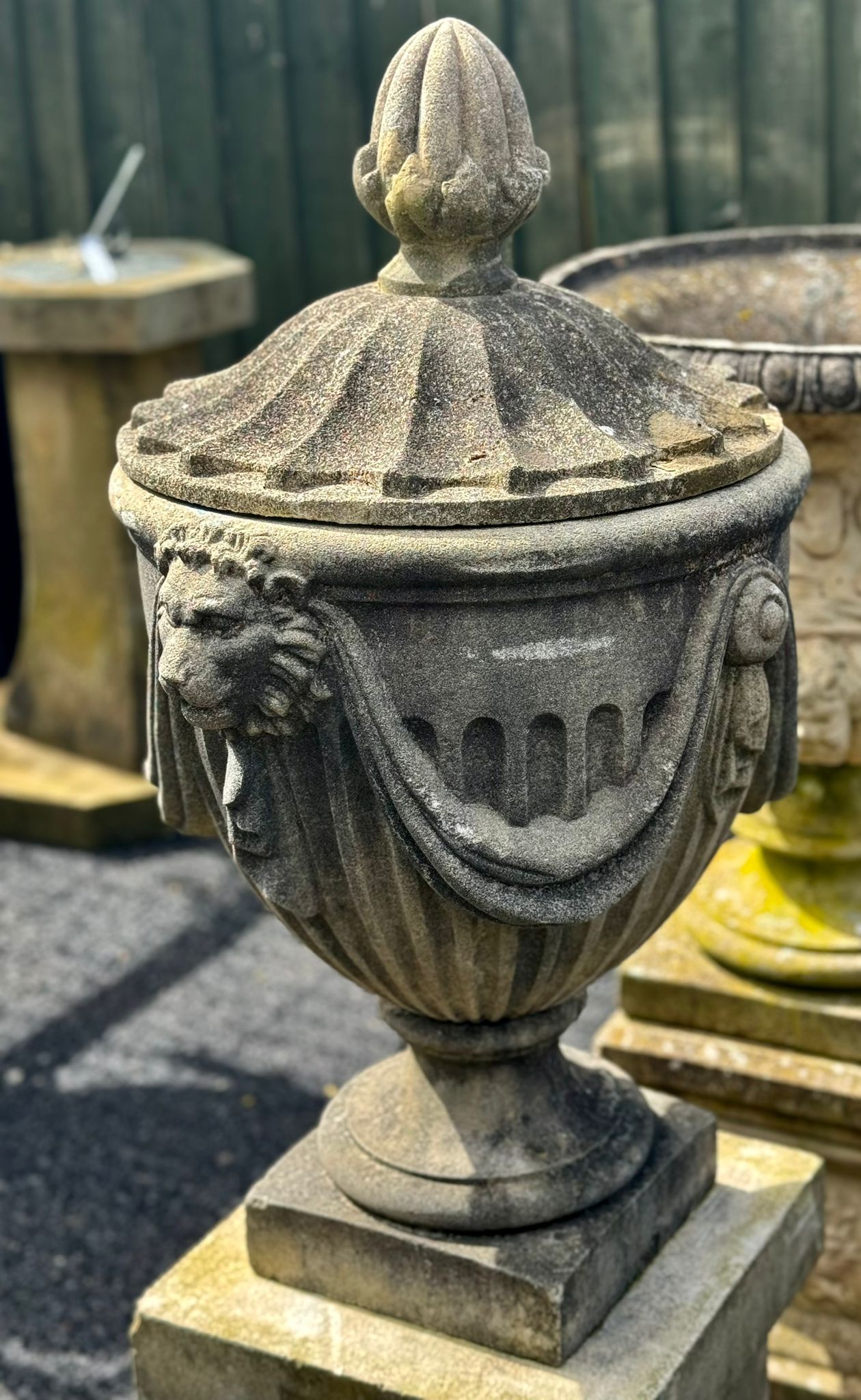 Stone Urns with Lions Faces and Lid - 53 inches Tall, 20 inches Wide