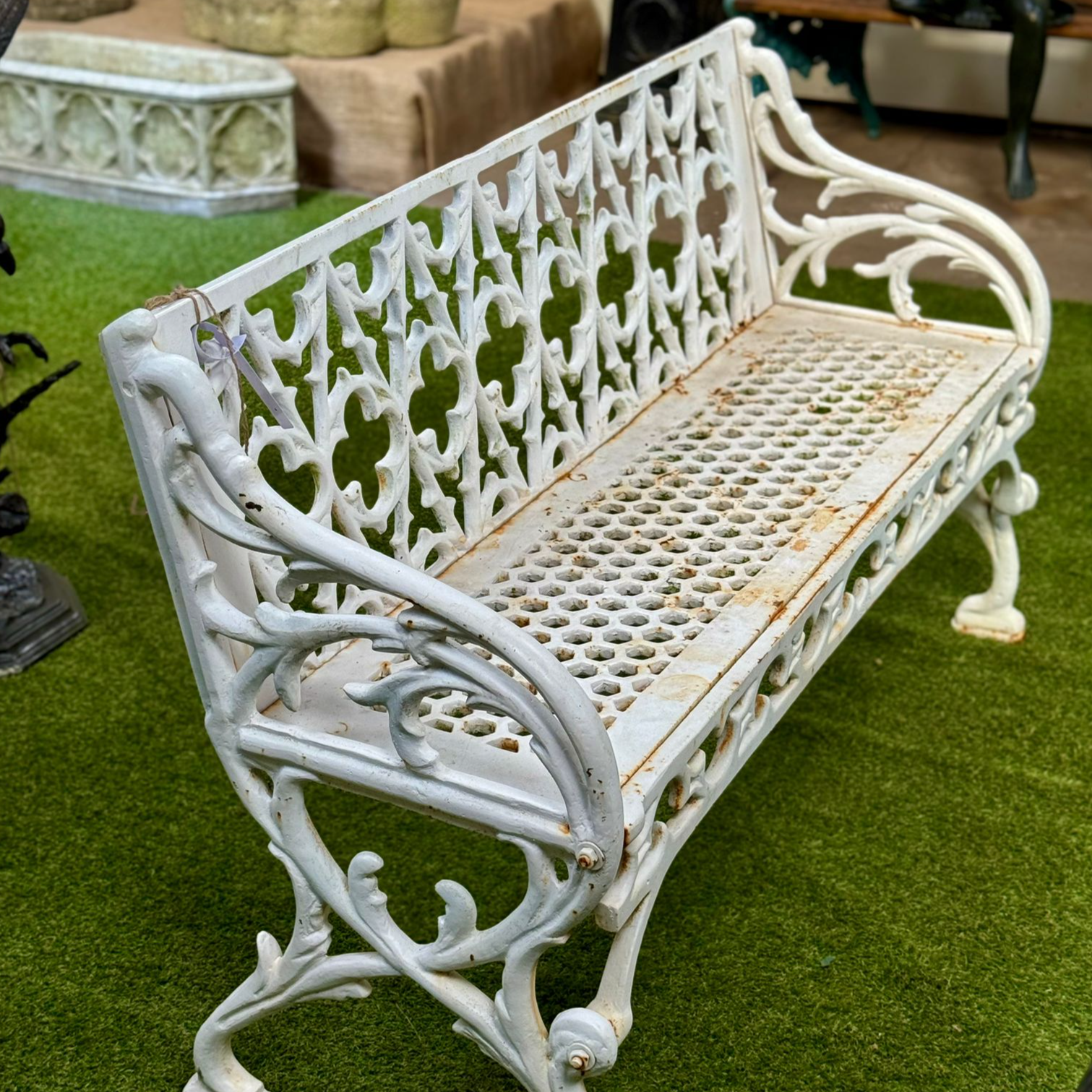 White Gothic Style Very Heavy Cast Iron Bench