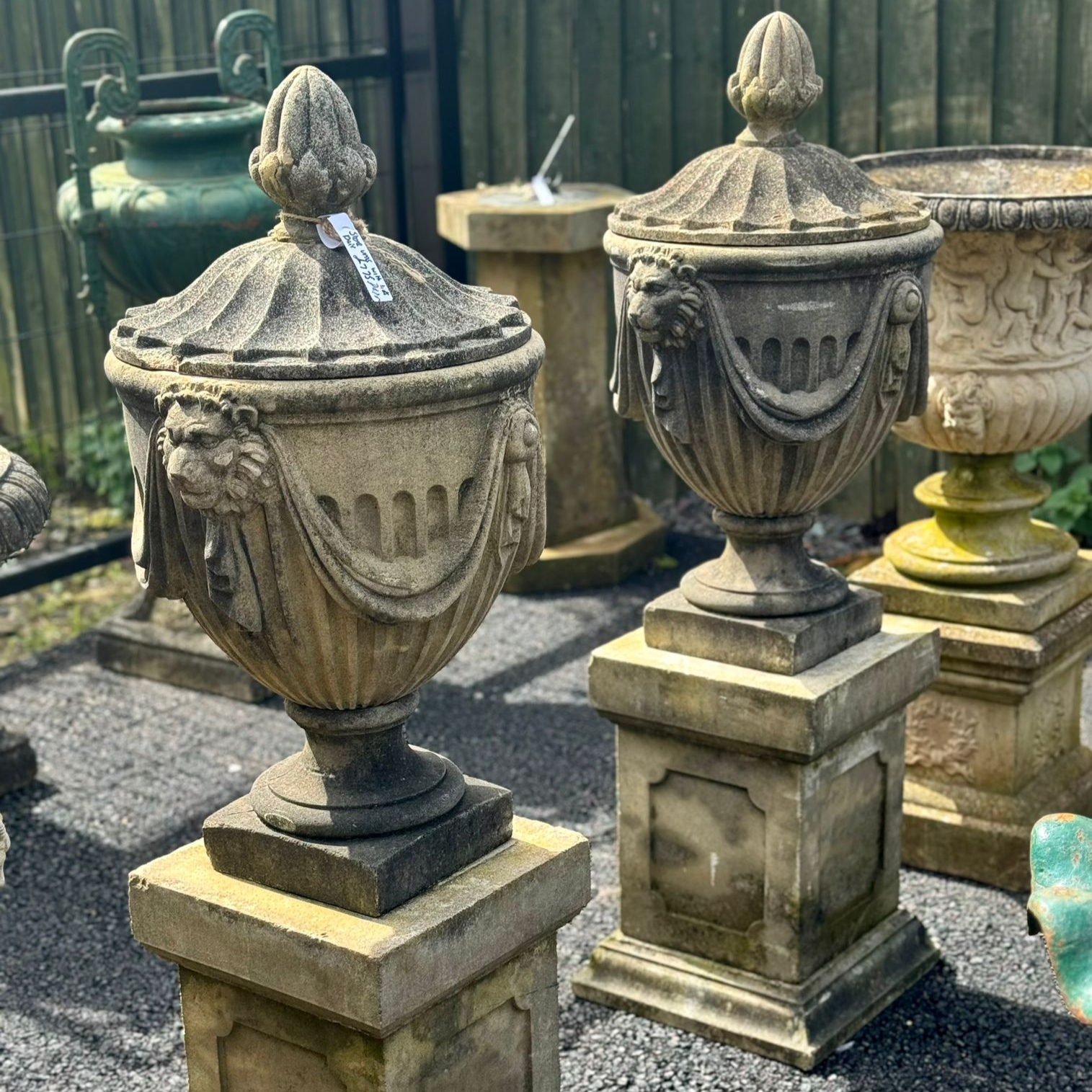 Stone Urns with Lions Faces and Lid - 53 inches Tall, 20 inches Wide