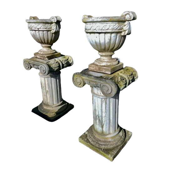 Pair of Victorian Stone Urns on Decorative Plinths (5ft 4)