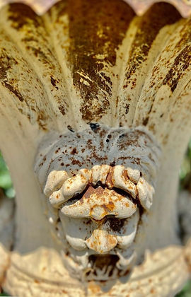 Pair of Cast Iron Urns and Plinths with Snake & Mask Detail