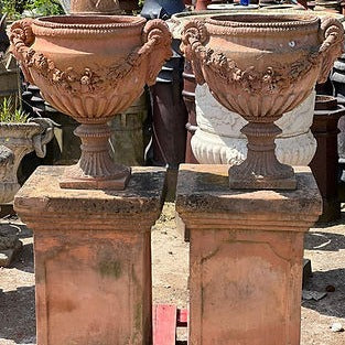 Victorian Terracotta Urns with Satyrs & Plinths Included