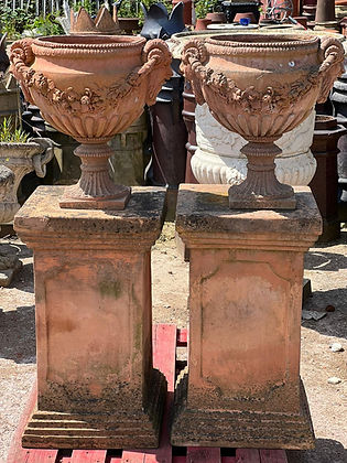 Victorian Terracotta Urns with Satyrs & Plinths Included