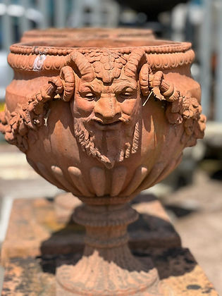 Victorian Terracotta Urns with Satyrs & Plinths Included