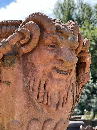 Victorian Terracotta Urns with Satyrs & Plinths Included