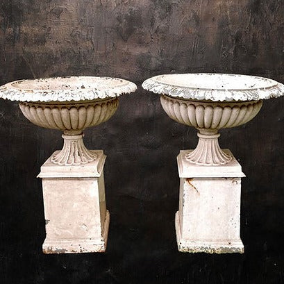 Pair of Victorian Cast Iron Urns on Pedestals